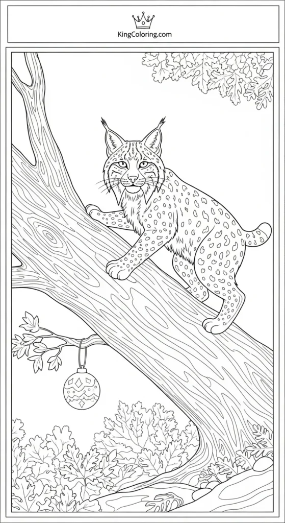 Lynx coloring page climbing fallen tree