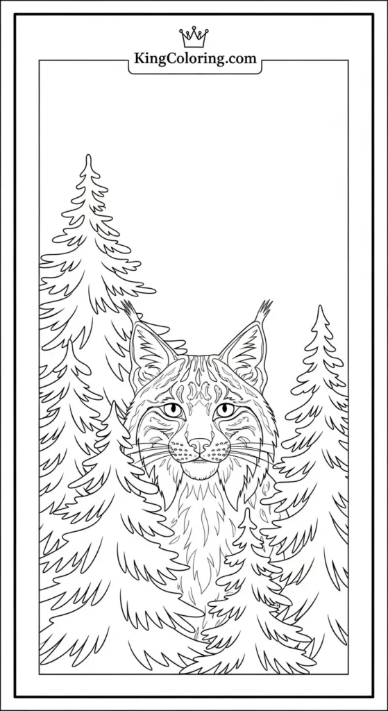 Lynx hiding behind pine trees coloring page