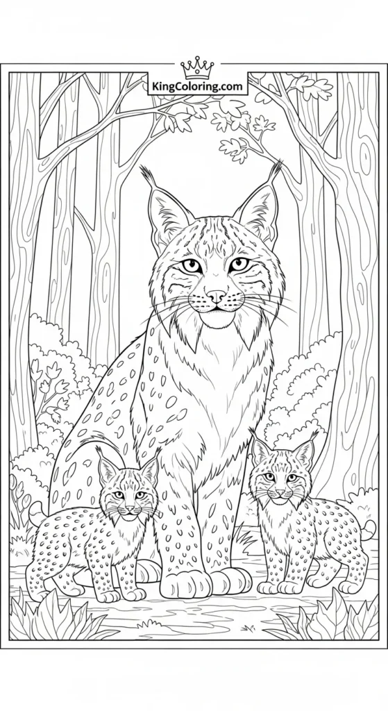Lynx mother with cubs in woodland coloring pages