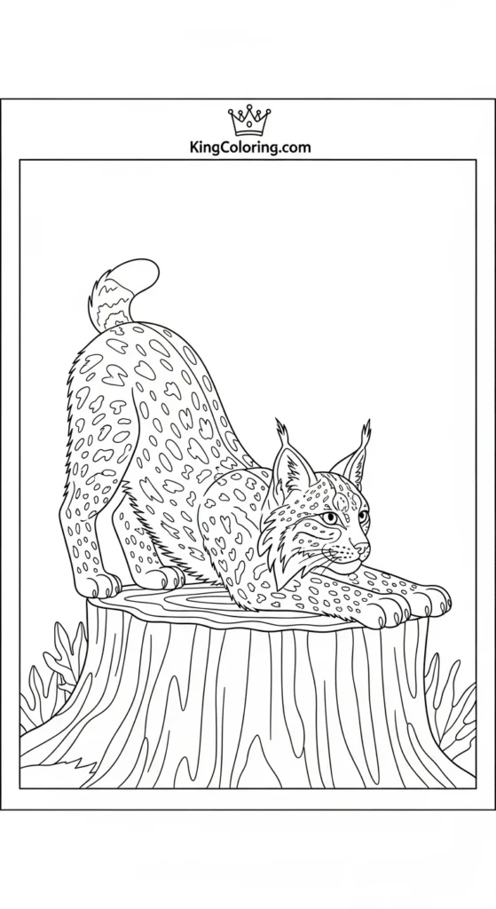 Lynx stretching on tree stump