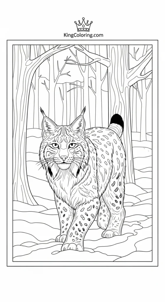 Lynx walking through snowy forest