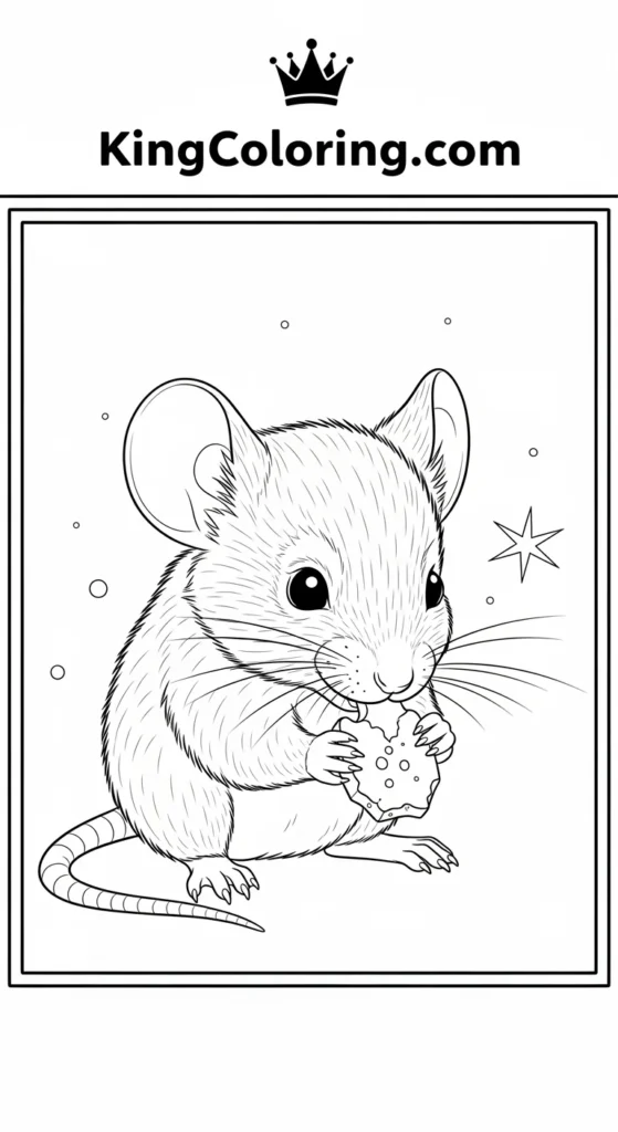 Mice coloring pages depicting a baby mouse nibbling a crumb