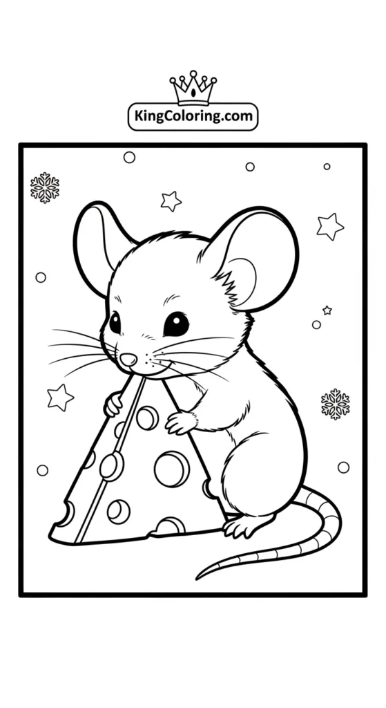 Mice coloring pages depicting a tiny mouse holding a piece of cheese