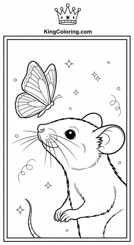 Mice coloring pages featuring a mouse looking curiously at a butterfly