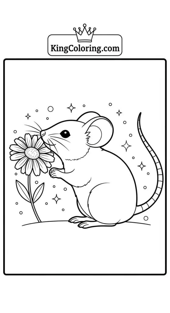 Mice coloring pages featuring a mouse sniffing a flowers