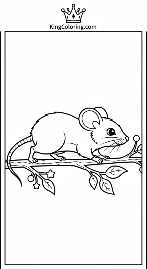 Mice coloring pages featuring a mouse walking slowly along a twig