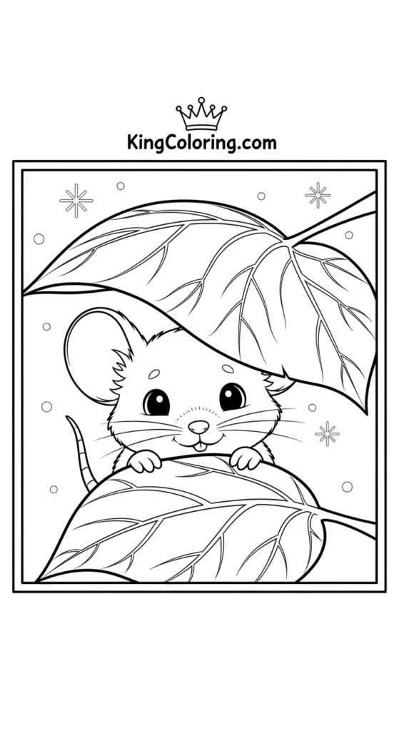 Mice coloring pages illustrating a mouse peeking from under a leaf