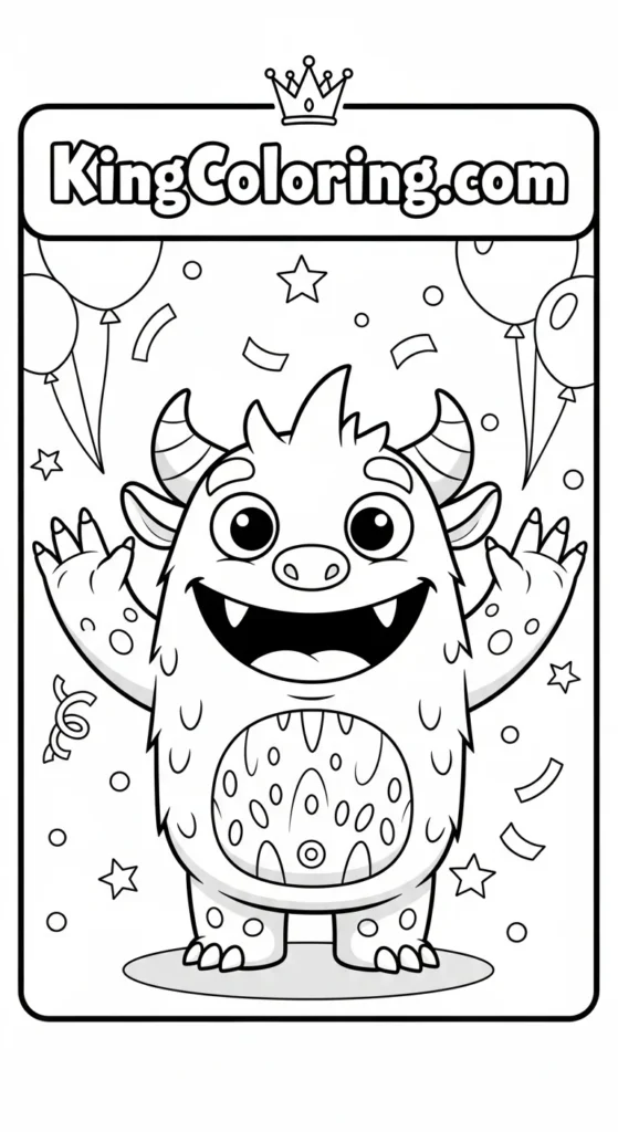 Monster coloring pages illustrating a happy monster waving both arms