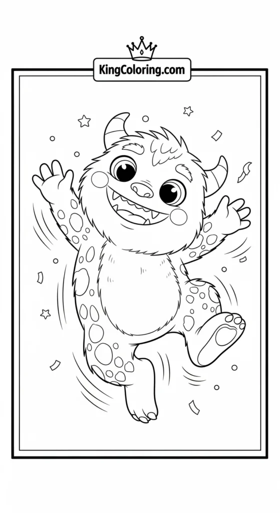 Monster coloring pages showing a monster jumping playfully