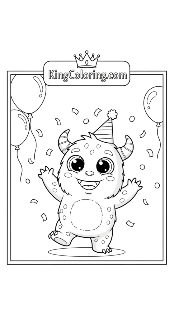 Monster coloring pages showing a tiny monster waving happily