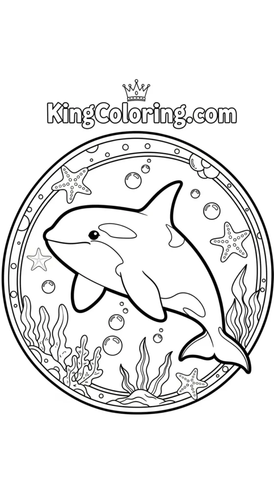 Orca coloring pages featuring an orca inside a circular frame