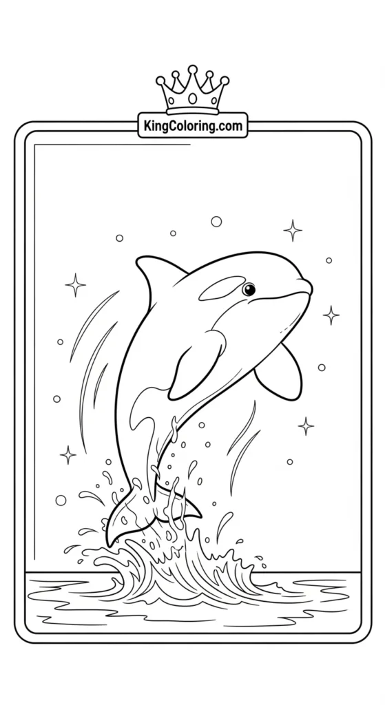 Orca coloring pages showing a baby orca jumping playfully above water