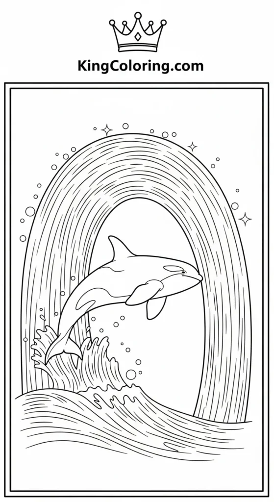 Orca coloring pages showing an orca jumping through a water arc