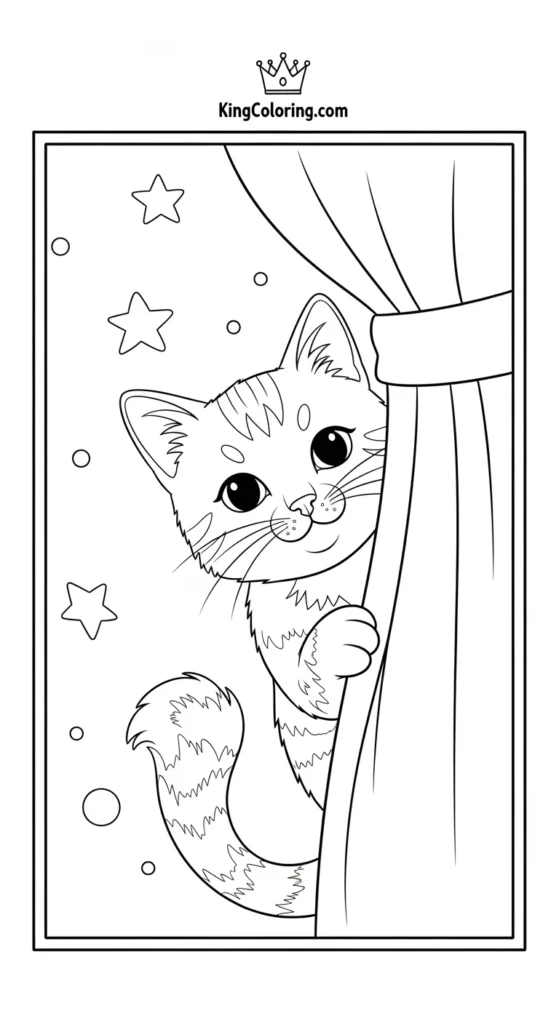 Pets coloring pages depicting a cat peeking behind a curtain