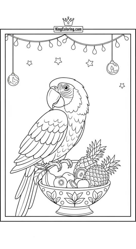 Pets coloring pages depicting a parrot near a fruit bowl