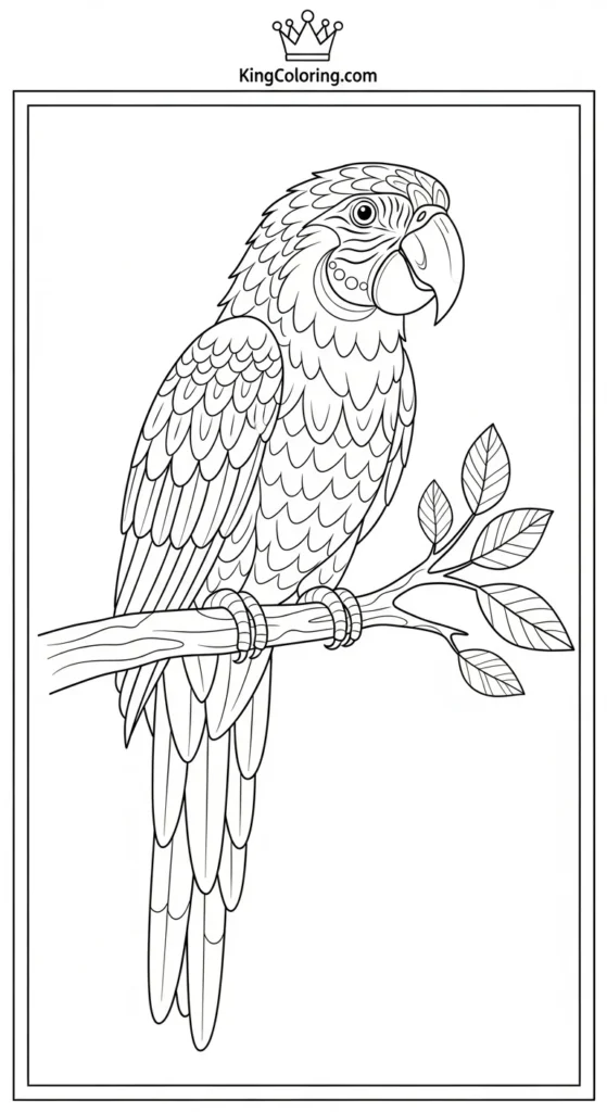 Pets coloring pages depicting a parrot perched on a branch