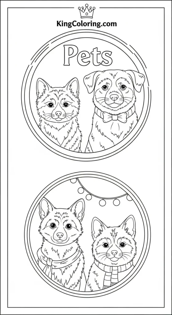 Pets coloring pages depicting pets inside a circular frame