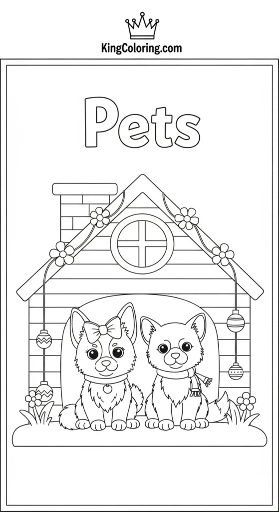 Pets coloring pages depicting pets sitting inside a small house
