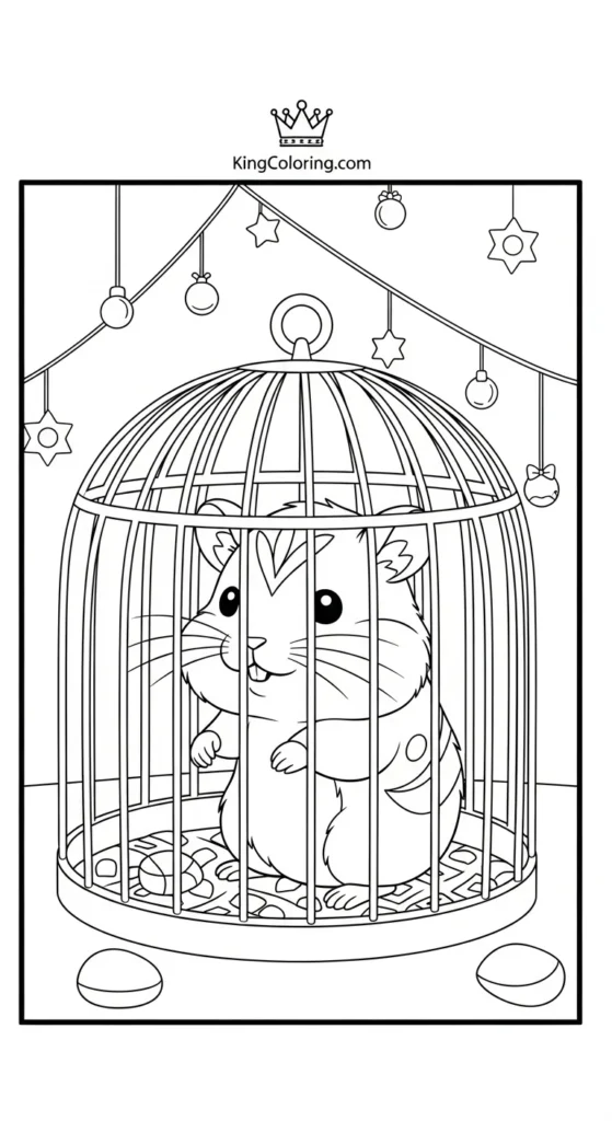 Pets coloring pages featuring a hamster in a small cage
