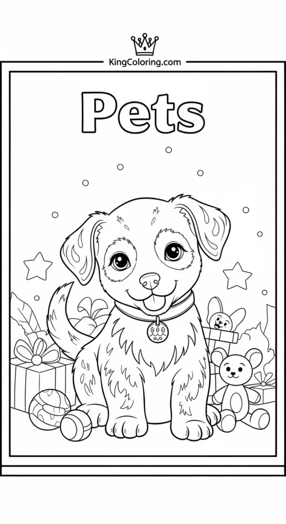 Pets coloring pages featuring a puppy surrounded by toys