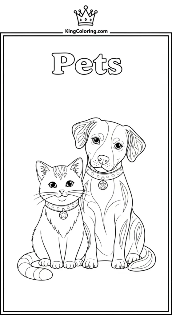 Pets coloring pages illustrating a cat and dog sitting together
