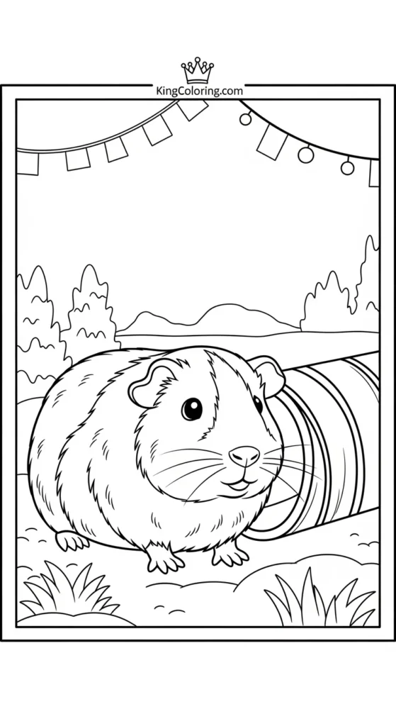 Pets coloring pages illustrating a guinea pig near a small tunnel