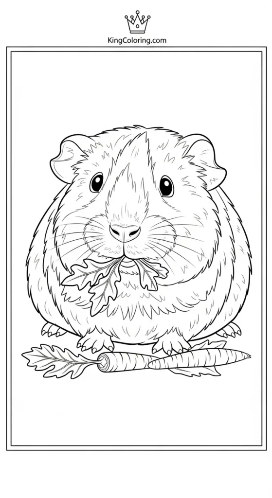 Pets coloring pages illustrating a guinea pig nibbling on vegetables,
