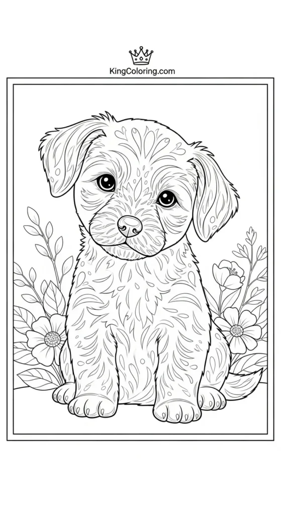 Pets coloring pages illustrating a puppy sitting near flowers