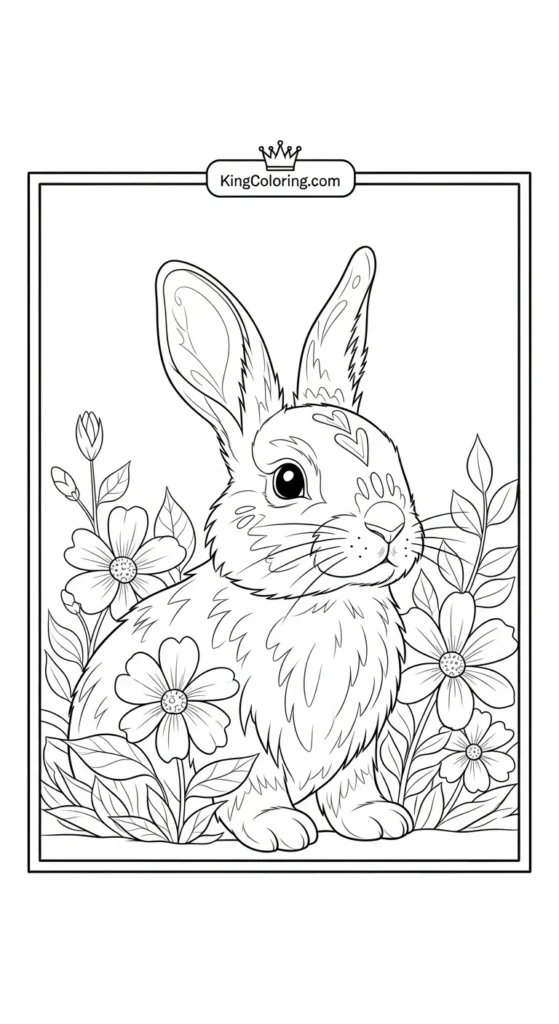 Pets coloring pages illustrating a rabbit near flowers, gentle vibe