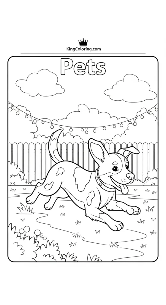 Pets coloring pages showing a dog running through a yard