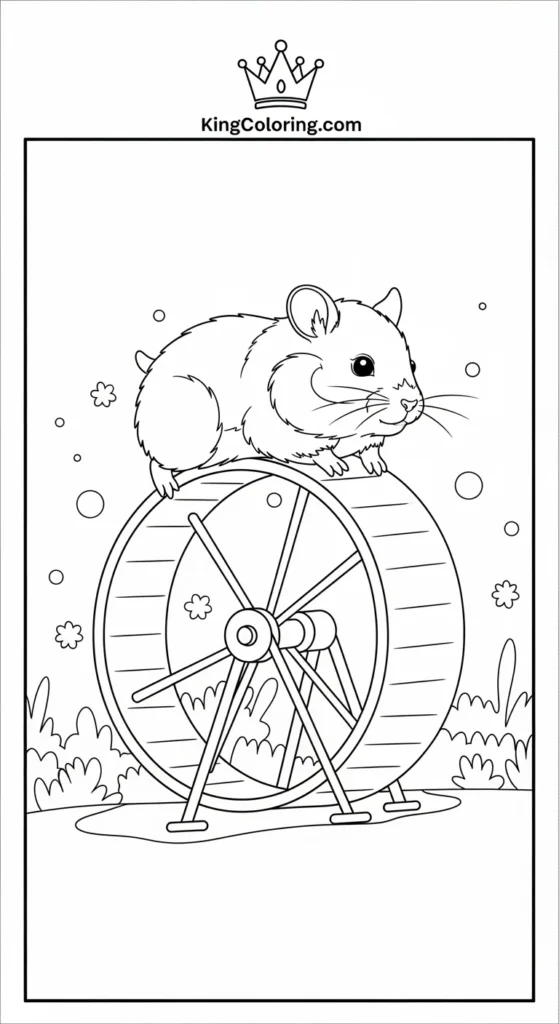 Pets coloring pages showing a hamster climbing a small wheel