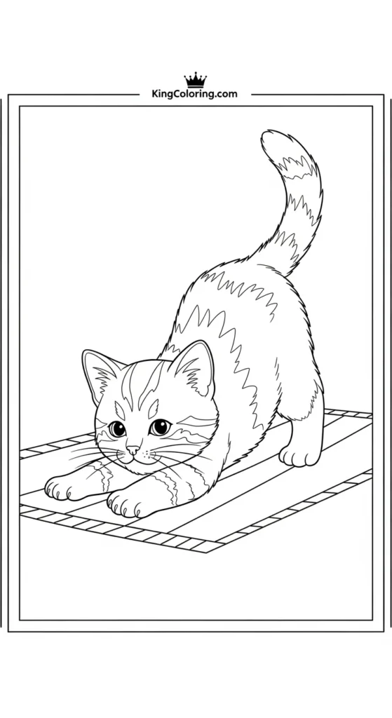 Pets coloring pages showing a kitten stretching on a mat,