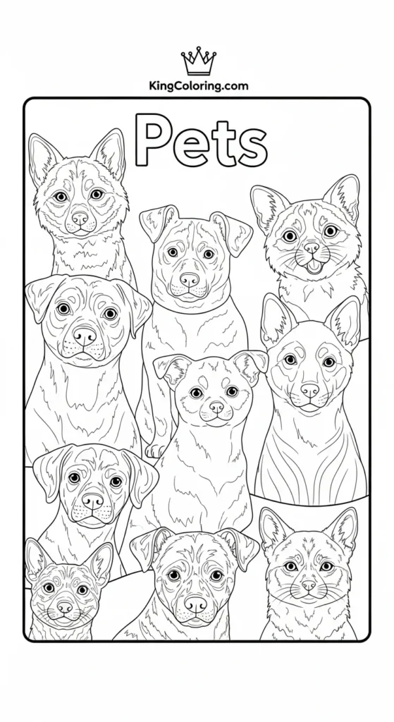 Pets coloring pages showing different pets at various angles