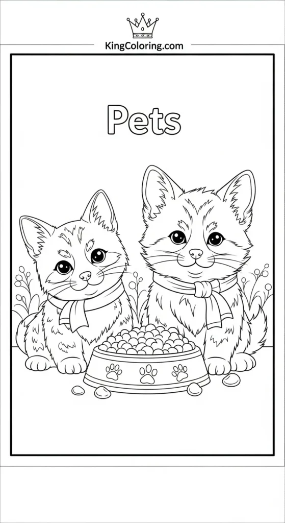 Pets coloring pages showing pets beside a bowl of food