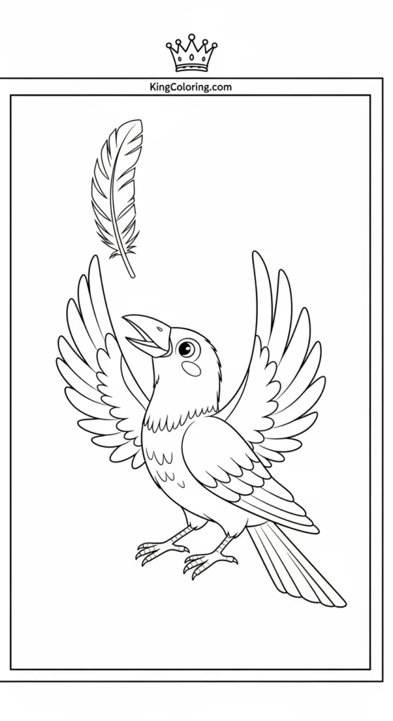 Playful Crow Tossing Feather Coloring Sheet