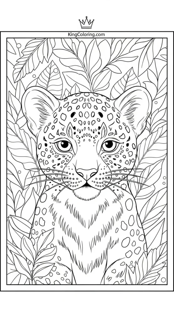 Playful Leopard Cub With Leaves Coloring Sheet