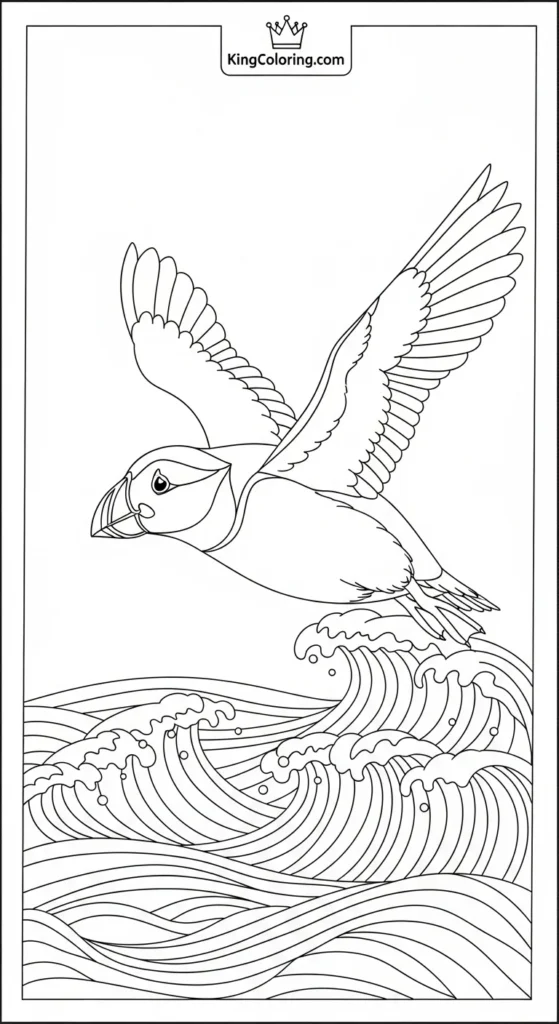 Puffin Flying Over Ocean Waves
