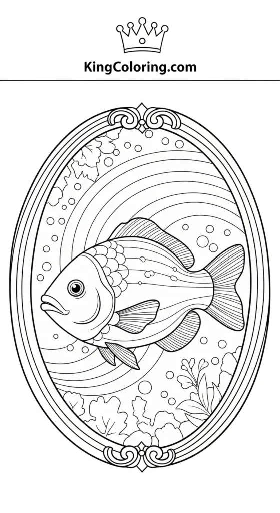Rainbow fish coloring pages depicting a rainbow fish inside an oval frame