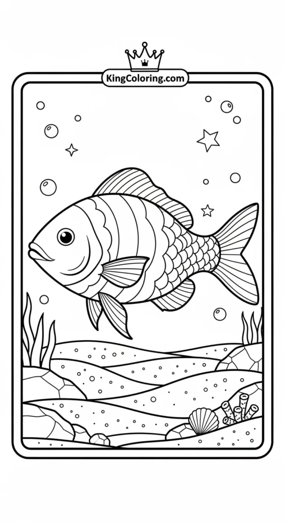 Rainbow fish coloring pages depicting a rainbow fish swimming over sandy seabed
