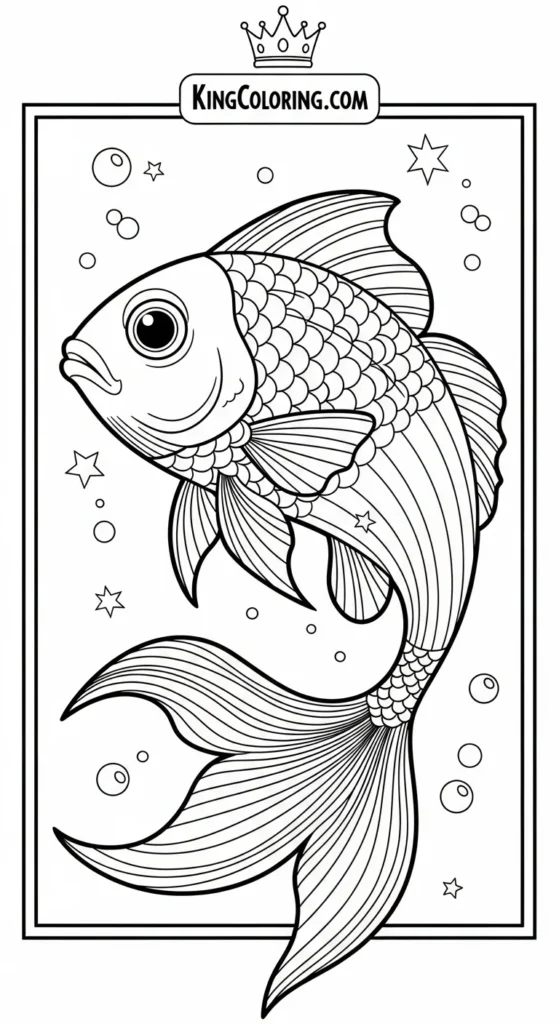 Rainbow fish coloring pages depicting a rainbow fish with flowing tail details,