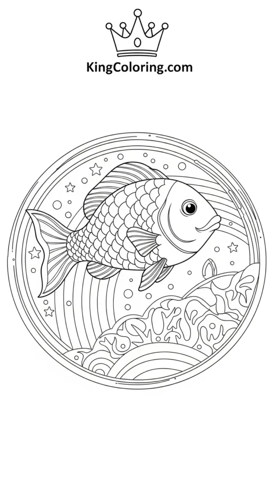 Rainbow fish coloring pages featuring a rainbow fish inside a circular frame