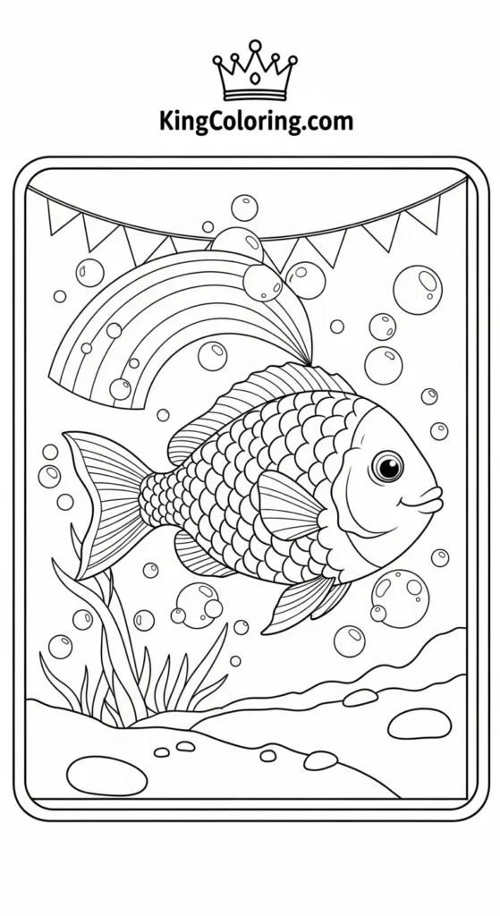 Rainbow fish coloring pages featuring a rainbow fish surrounded by bubbles