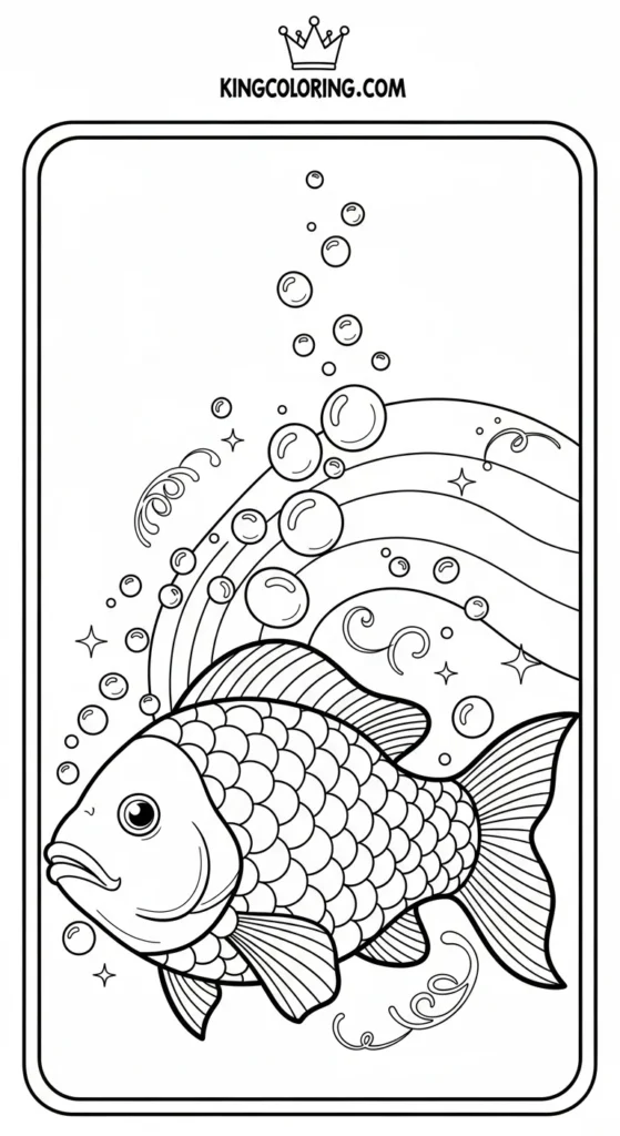 Rainbow fish coloring pages featuring a rainbow fish with bubbles trailing behind