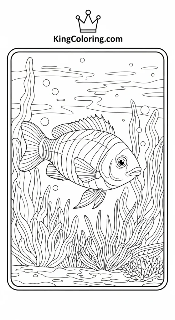 Rainbow fish coloring pages illustrating a rainbow fish among sea plants