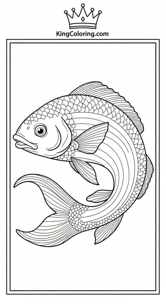 Rainbow fish coloring pages illustrating a rainbow fish forming a curved swimming pose