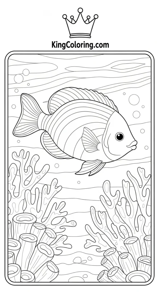 Rainbow fish coloring pages illustrating a rainbow fish near coral shapes