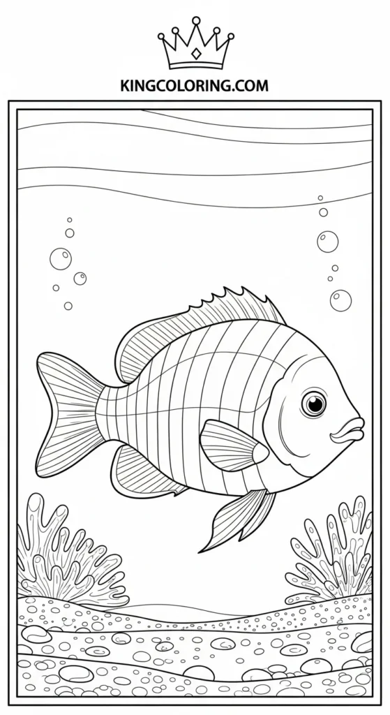 Rainbow fish coloring pages showing a rainbow fish beside small pebbles on the seabed