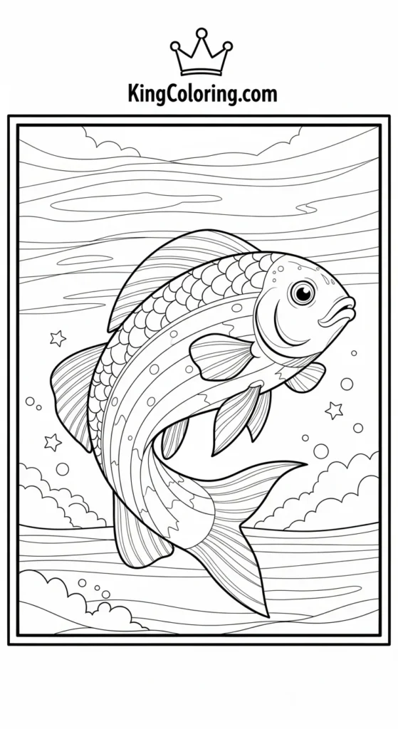 Rainbow fish coloring pages showing a rainbow fish gliding through calm water