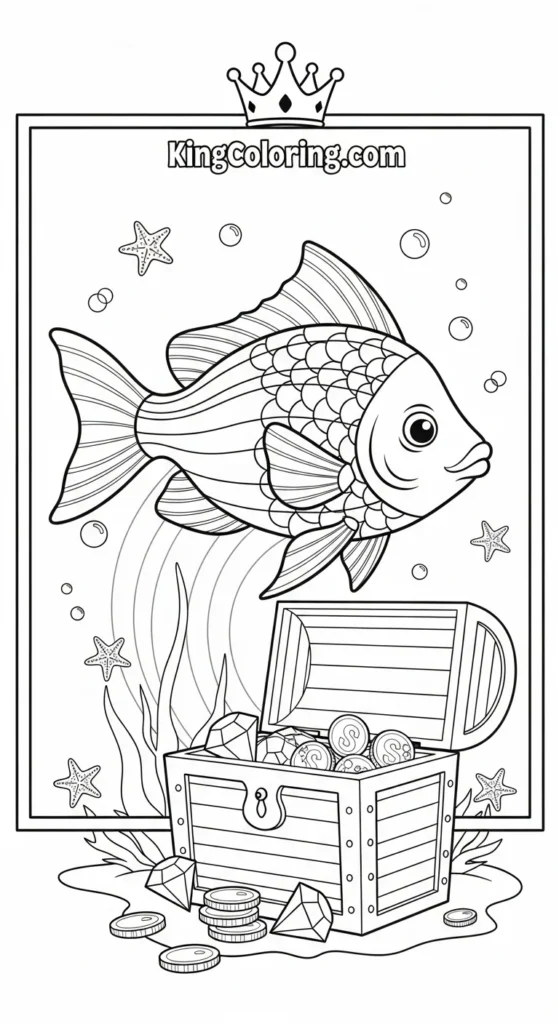 Rainbow fish coloring pages showing a rainbow fish near a treasure chest outline