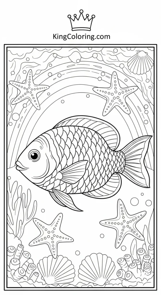 Rainbow fish coloring pages showing a rainbow fish surrounded by starfish and shells
